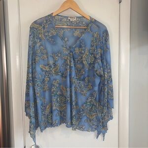 MKM Designs Vintage Y2K Fairycore Blouse. Blue Floral. Size: 2X.